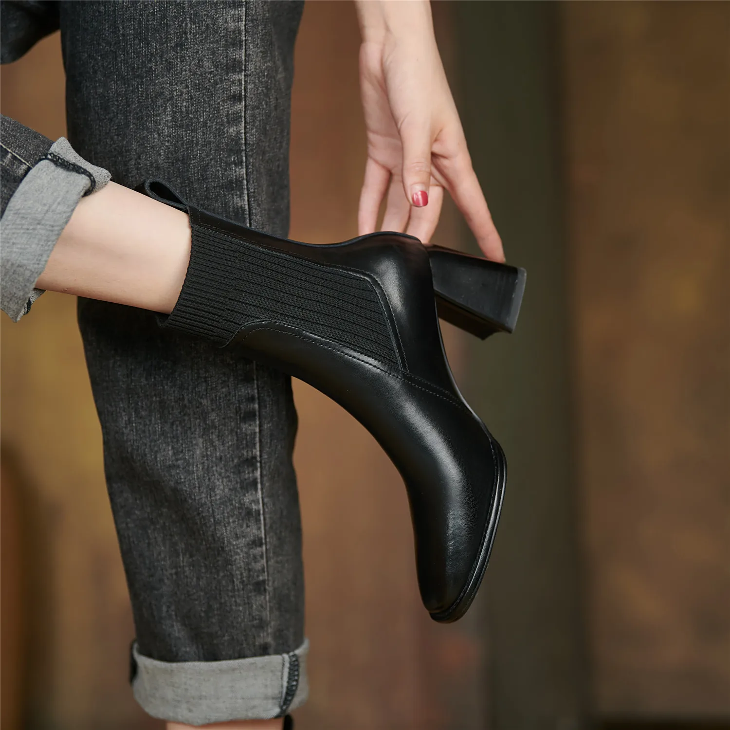 Women Ankle Boots Split Cow Leather Chunky High Heel Knitted Wool Slip on Quality Designer Spring Fall Sock Boots Big Size 42