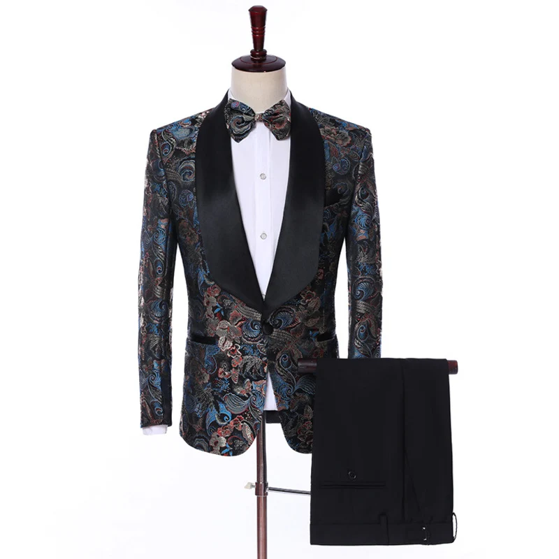 

2 piece Floral Men Suits for Prom Party 2020 Shawl Lapel Man Set Suit Blazer with Black Pants Lastest Style Groomsmen Tuxedos
