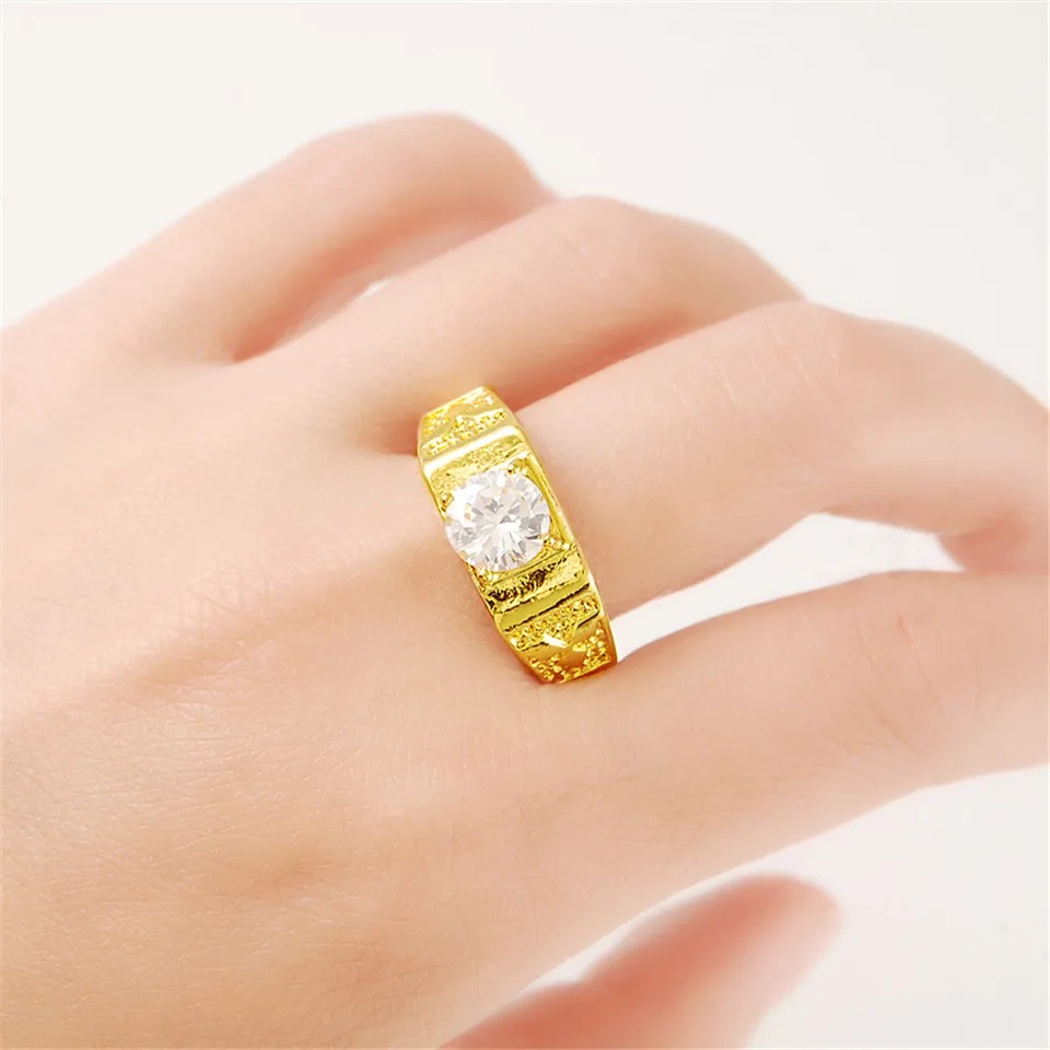 

24k Yellow Gold Ring For Women Fashion Wedding Cocktail Ring Prong Cubic Zirconia Stone Ring