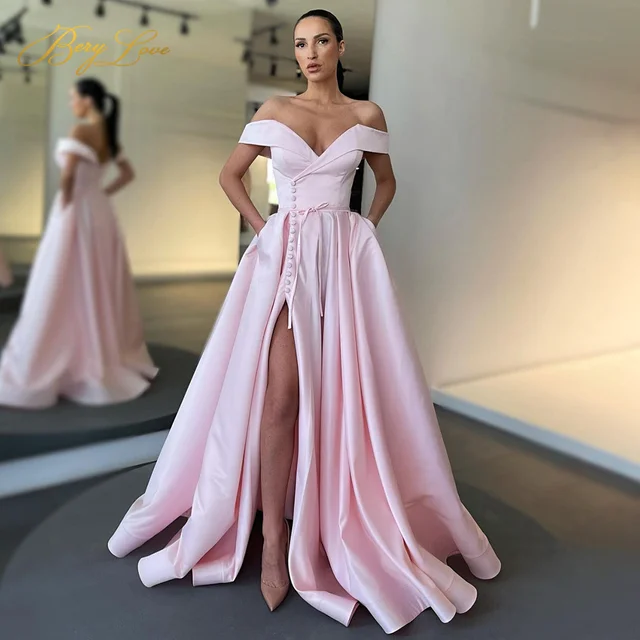 Baby Blue Evening Dress Sexy Long Party Gowns Elegant Satin Prom Dresses Button High Slit Formal Christmas robe de soiree Pink