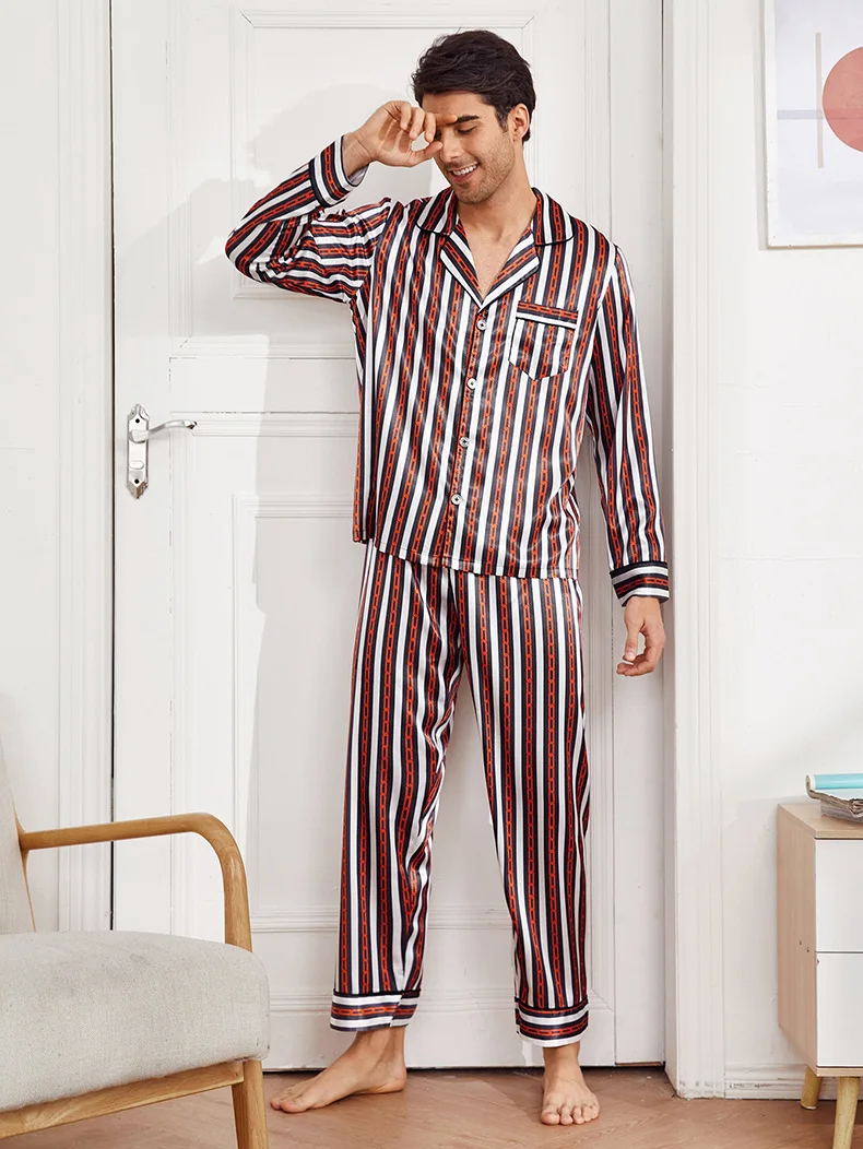 mens cotton pajama pants New Ice Silk Pajamas Men's Summer Long Sleeves And Trousers Cross Border Silk Home Clothes Large Suit Men's red silk pajamas
