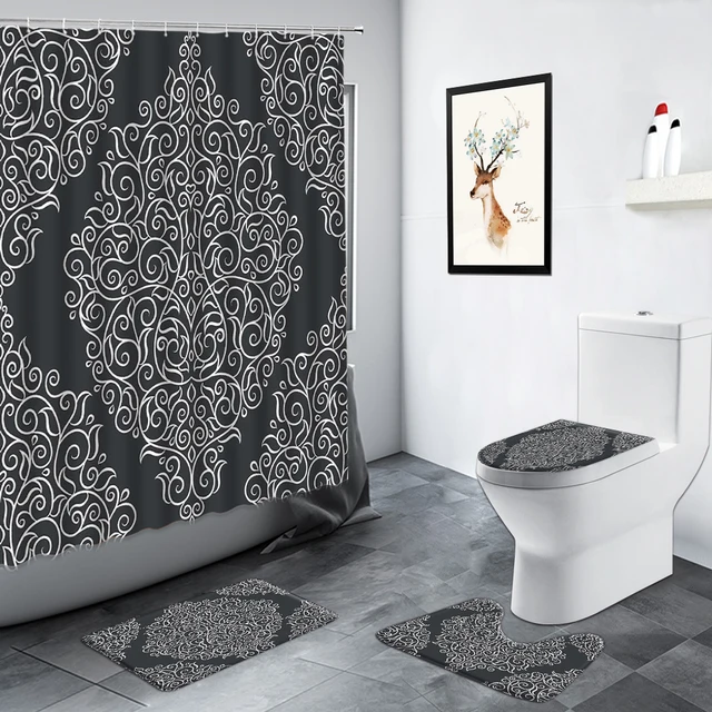 Black Brocade Baroque Shower Curtain Retro Art Abstract Floral Bathroom  Decor Curtains Non-slip Carpet Bath
