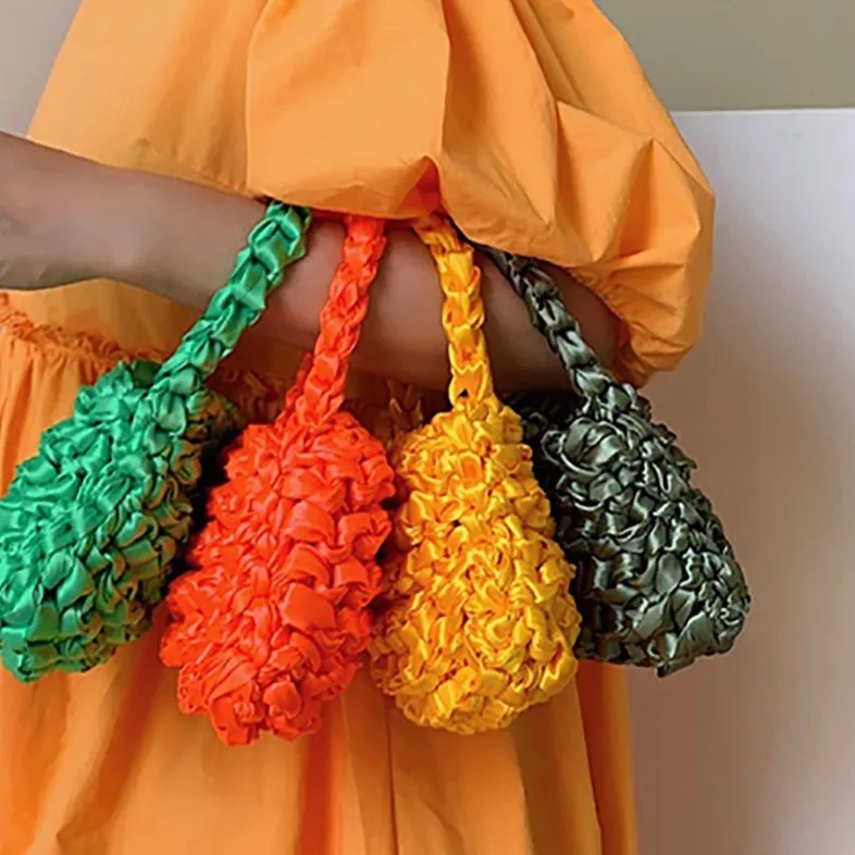 

2021 Women Summer Fashion Kniting Small Woven Crochet Bag Silk Weaving Satin Ribbon Green Purple Orange ClutchesMini Handbags