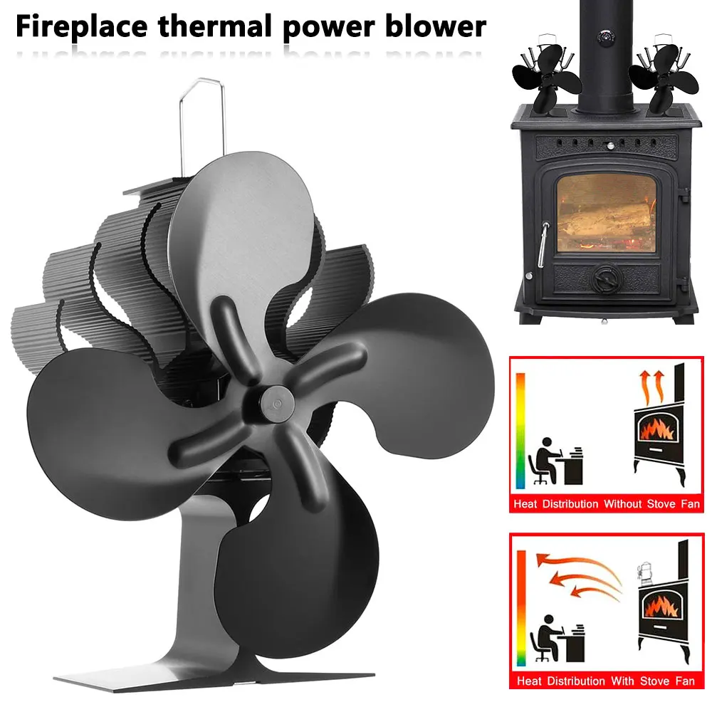 

Black Fireplace 4 Blades Heat Powered Stove Fan Log Wood Burner Eco Fan Quiet Home Fireplace Fan Efficient Heat Distribution