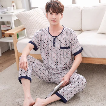 

Spring Summer Cotton Men'S Pajamas Cotton Short-Sleeved Trousers Suit Home Service Dad Wear Sleepwear Home Clothing XXXL