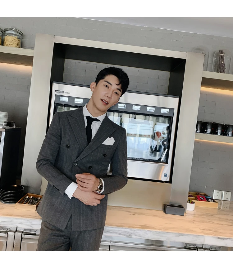 Новая мужская мода бизнес джентльмен широкие полосы текстуры высокого класса тонкий тренд Качество Повседневная Мужская Красивая двубортное пальто
