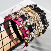Luxury Baroque Colorful Crystal Flower Headband for Woman Elegant Color Fabric Wide Hair Band Bridal Wedding Party Hair Jewelry