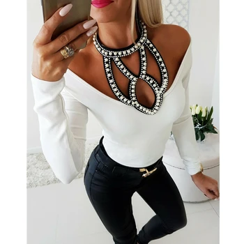 

Women Studded Beaded T Shirt Hollow Out Solid V-Neck Tees Female Ladies Long Sleeve T-shirts Slim Casual Tops Clothes Femme
