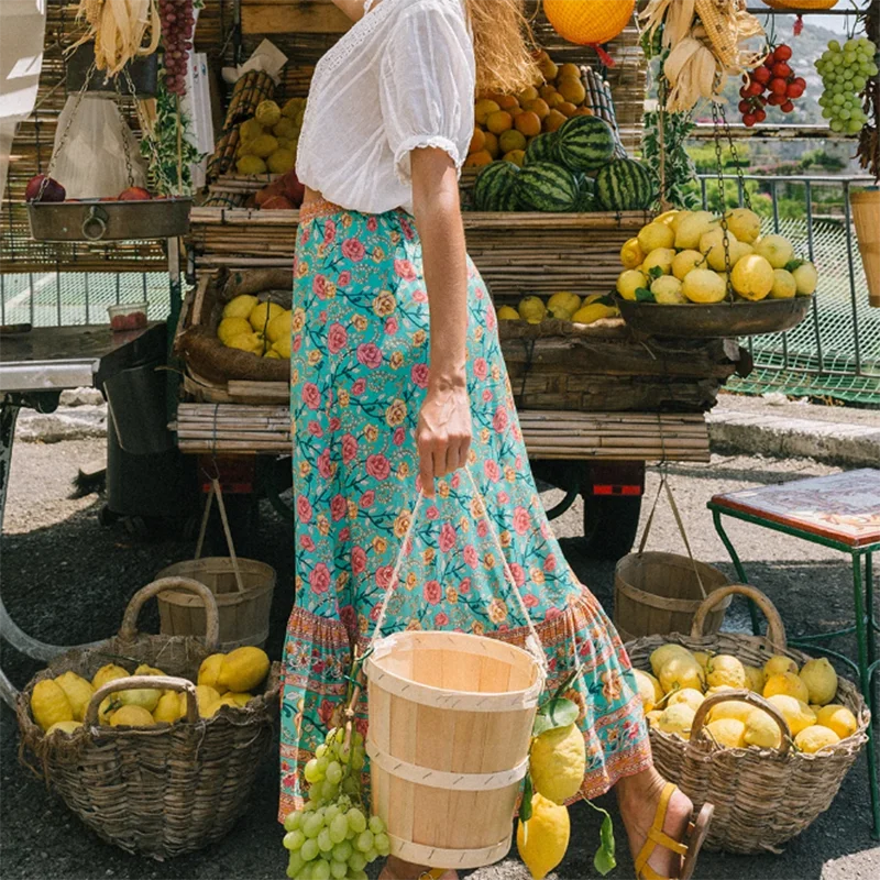 KHALEE YOSE Boho Цветочная Муза юбка Осенняя летняя Макси-юбка с завязками на талии Праздничная плиссированная юбка с принтом Повседневная шикарная юбка
