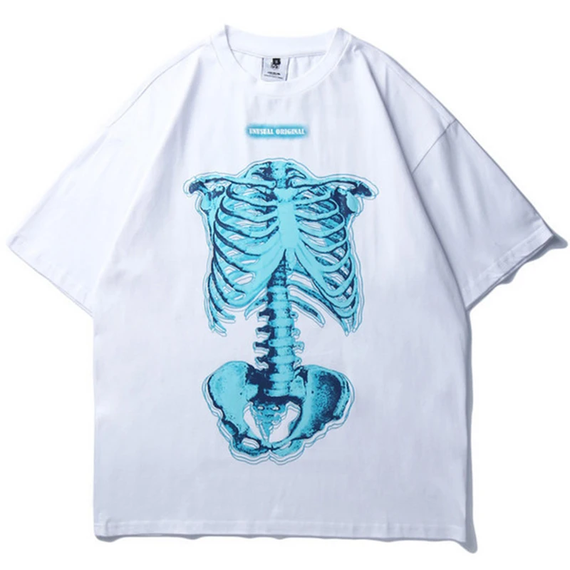 Белый Жуткая Мужская футболка с принтом скелета, лето, Harajuku, крутая футболка с коротким рукавом в стиле хип-хоп, повседневные хлопковые мужские топы, футболки, уличная одежда - Цвет: Белый