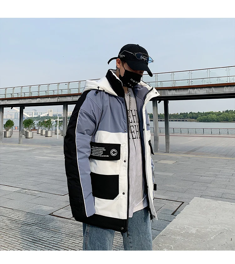 FUODRAO Loose Thicken Warm Winter Parka Men Patchwork Jackets Coats Male Harajuku Jacket Mans Outwear Hooded Windbreaker J208