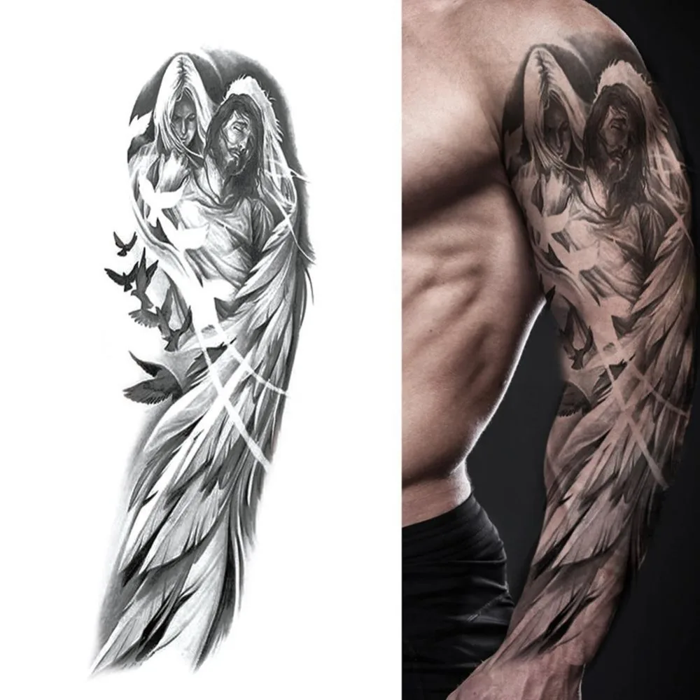 Большая рука рукава татуировки Лев корона король Роза водонепроницаемые Временные татуировки стикер дикий волк Тигр мужчины полный череп-тотем татуировки