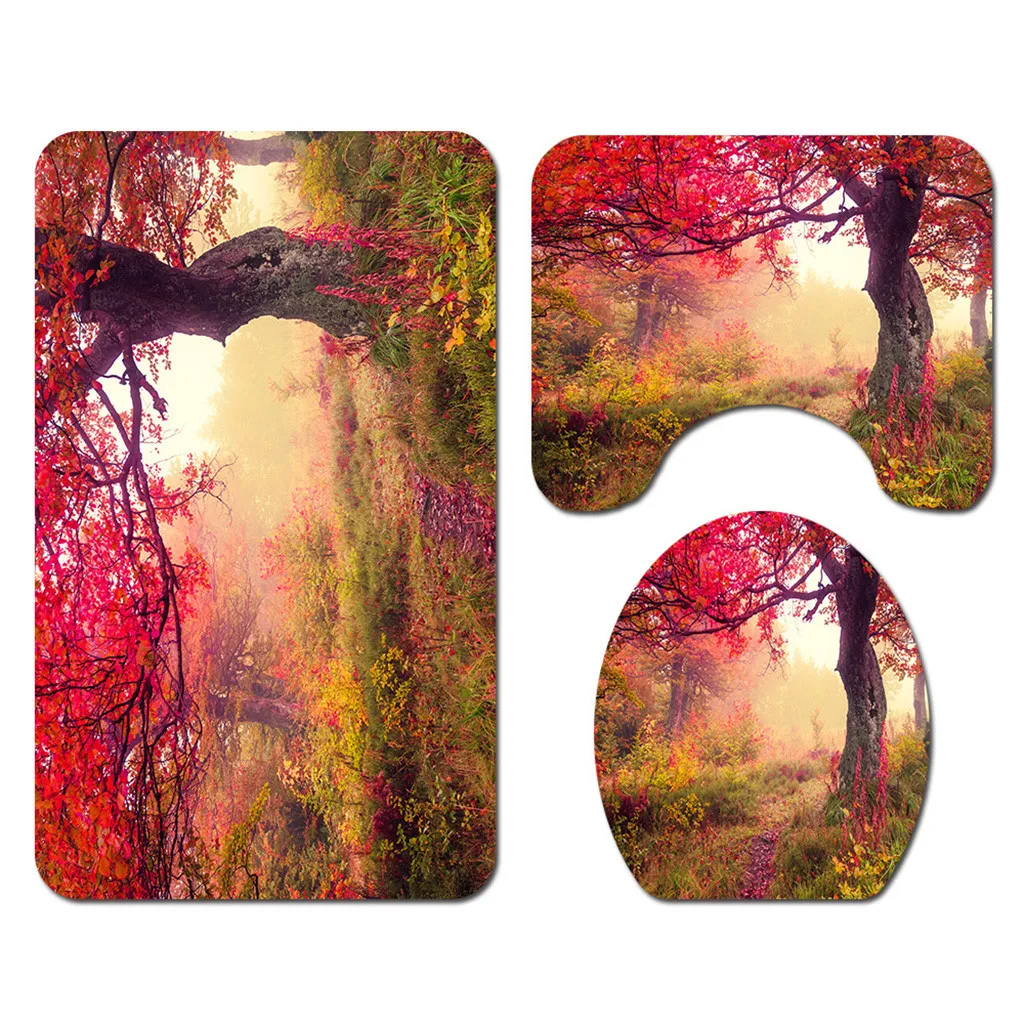 4 pieces / set of autumn sea landscape shower curtain floor carpet mat pad toilet seat cover bathroom mat home decoration#p8