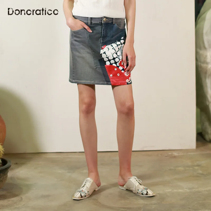 

Donoratico Rocks Women's Vintage Stitched Denim Skirt Octopus Print Loose Casual Skirt For women