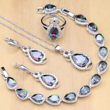 

Mysterious Silver 925 Jewelry Sets Water Drop Rainbow Zircon Stone For Women Accessories Earrings/Pendant/Necklace/Ring/Bracelet