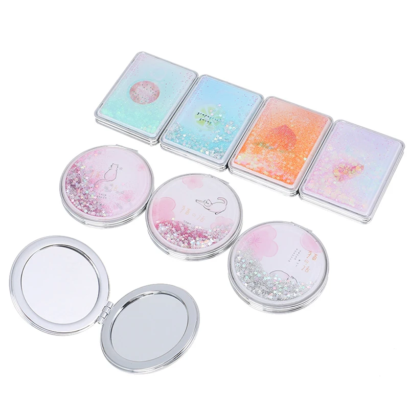 Portable Mini Makeup Mirror Double-Sided Folding Cosmetic Mirror Compact Pocket Mirror Female Gifts With Flowing Sparkling Sand
