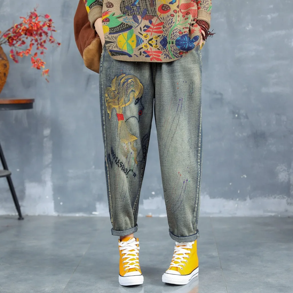 

Autumn Woman Vintage Jeans New Elastic Waist Cartoon Pattern Embroidery Graffiti Ripped Washed Casual Denim Harem Pants Trousers