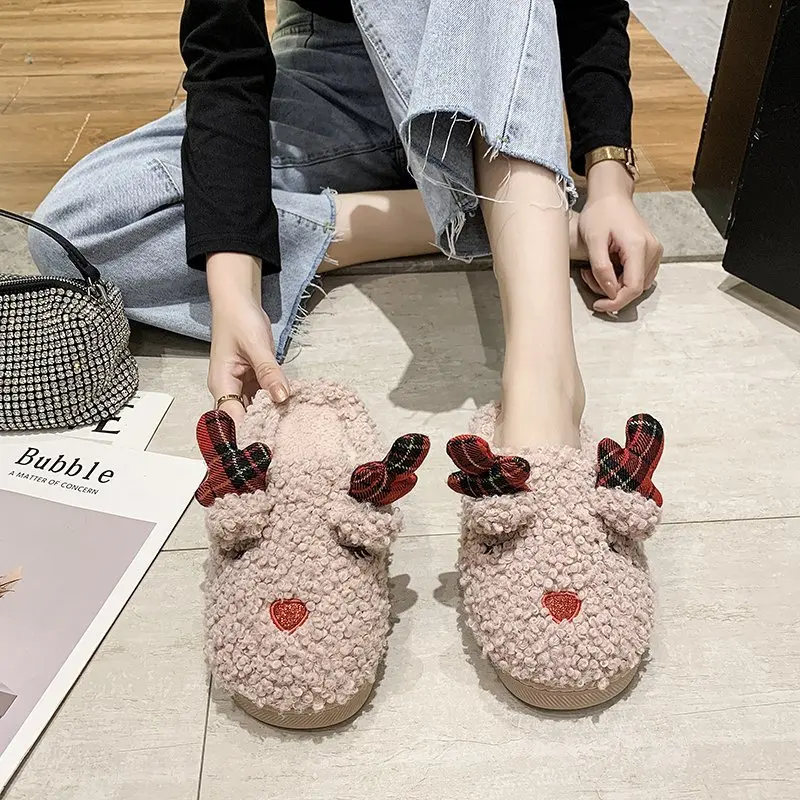 

Женские зимние тапочки, теплые Плюшевые Симпатичные олени, Рождественская одежда, женские мягкие удобные хлопковые тапочки на плоской подошве, 2020