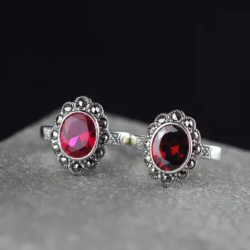 

S925 Sterling Silver Ornament Thai Silver Women's Cut Red Corundum Ring