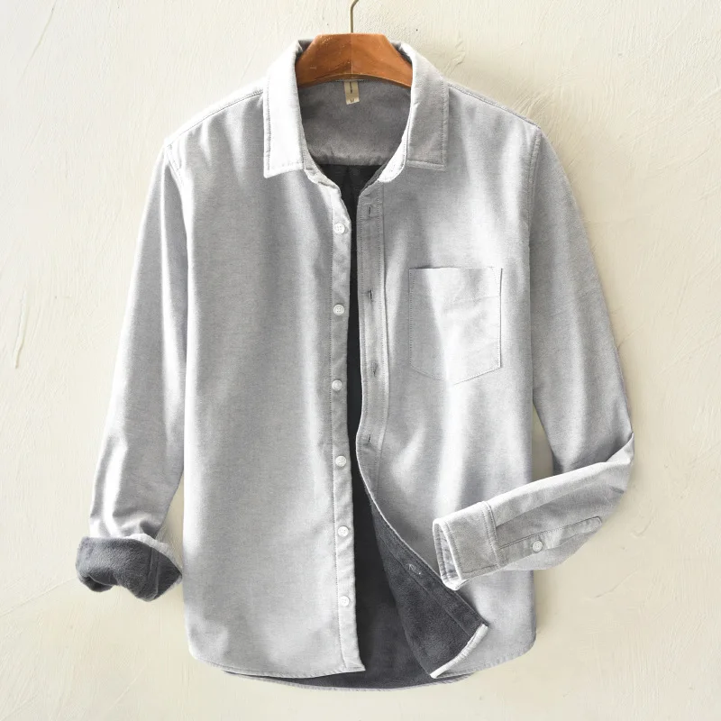 

Men's Casual Shirts Autumn New Plus Velvet Long-Sleeved Shirt Japanese Retro Turn-down Collar Thickening Warm Male Tops Clothing