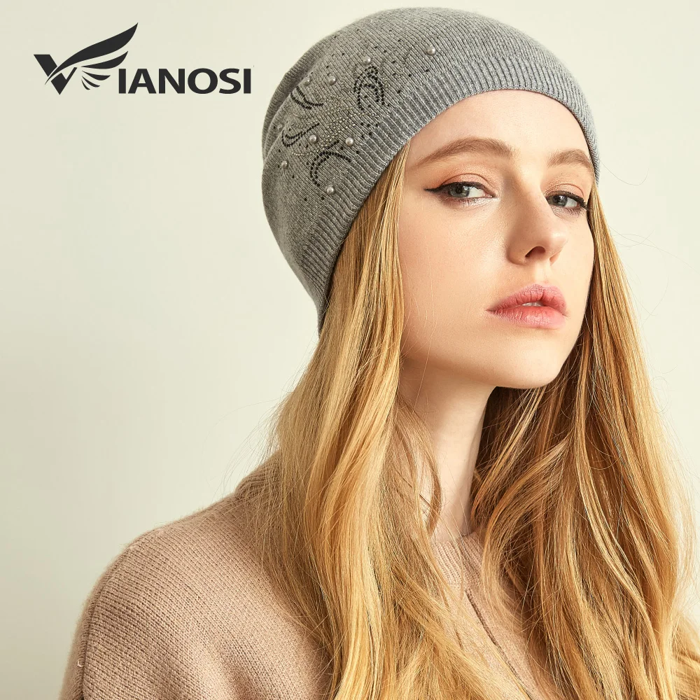 VIANOSI шерстяные зимние шапки для женщин теплая шапка бини новые модные дизайнерские шапки с жемчугом Touca - Цвет: 02