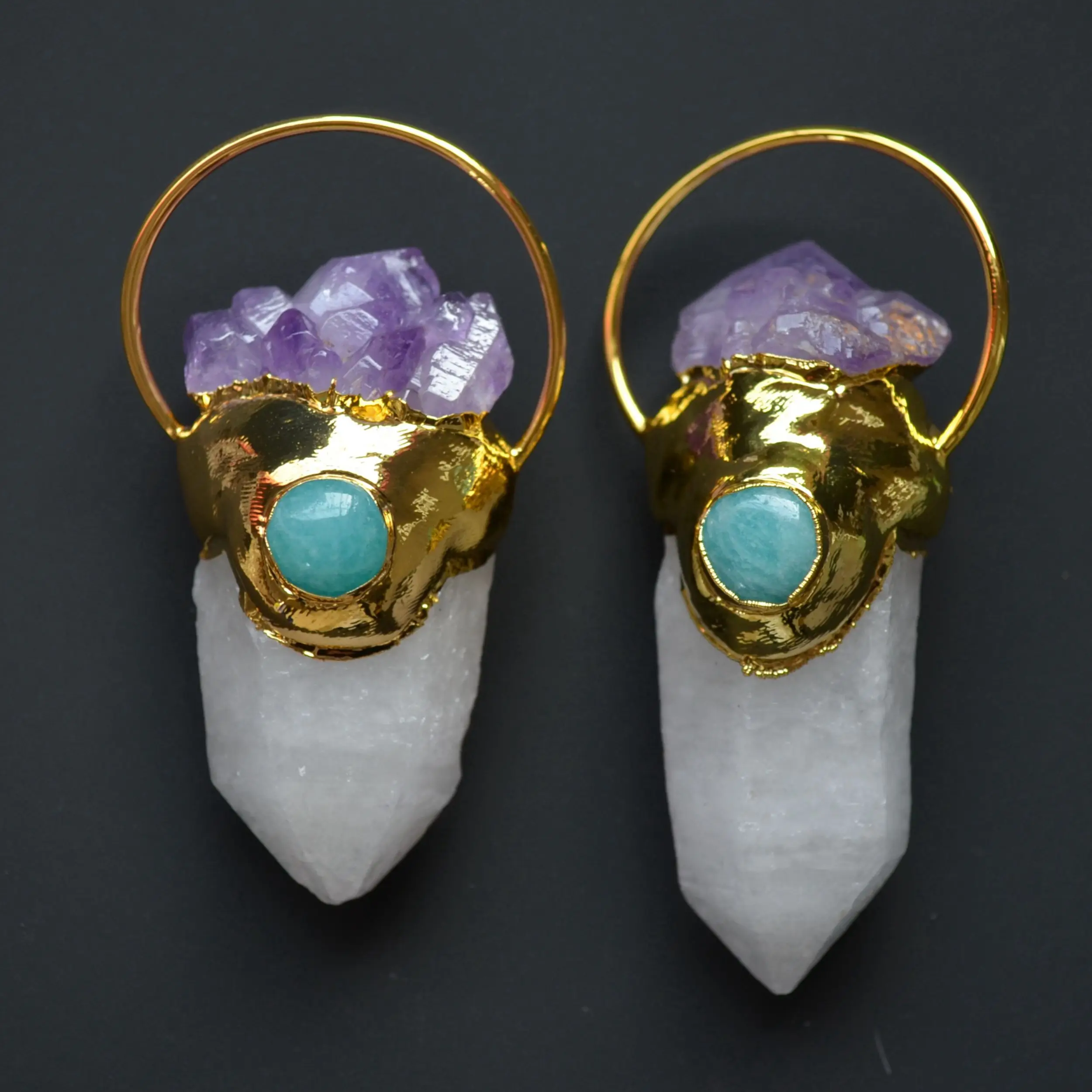 

Nature white quartz crystal agates with amazonite amethysts gold plating loop pendant