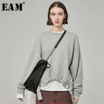

[EAM] Loose Fit Drawstring Metal Circle Sweatshirt New Round Neck Long Sleeve Women Big Size Fashion Spring Autumn 2020 JZ696