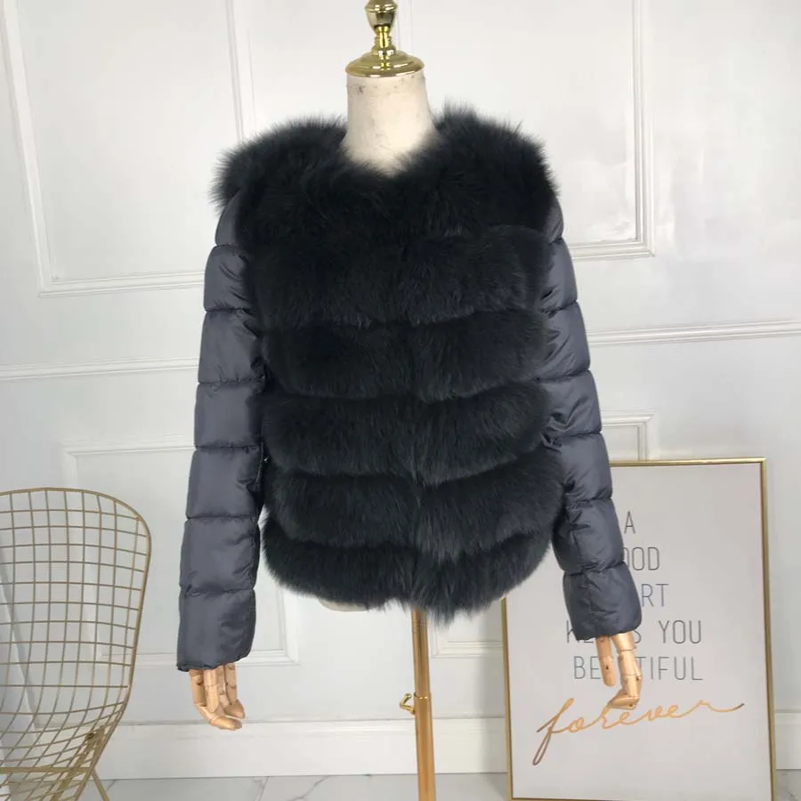 

2019 new style real fox fur coat with down sleeves stand collar with zipper Down jacket with fur warm Comfortable fashionOutwear