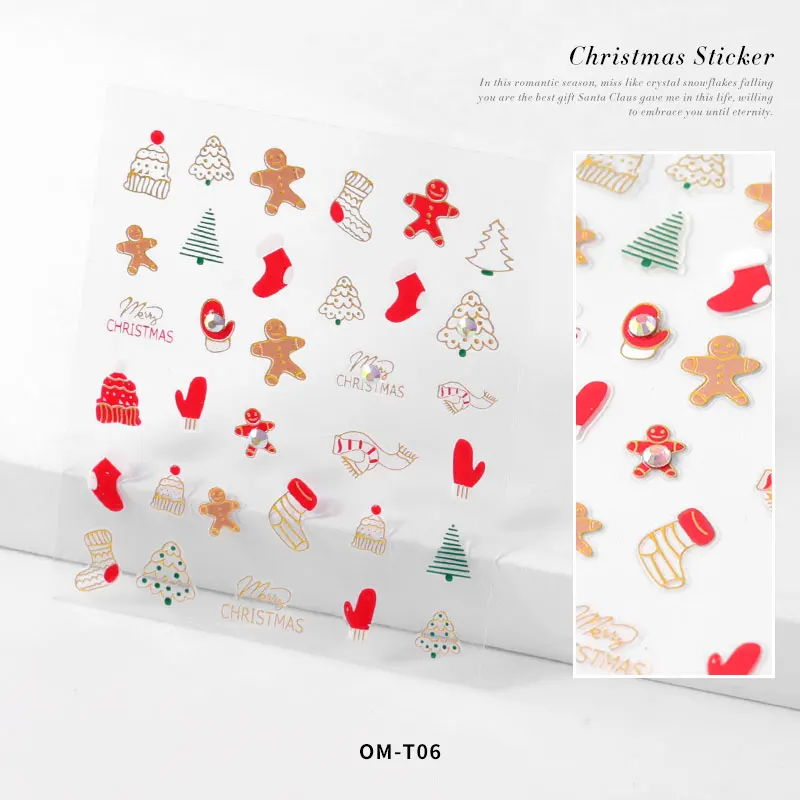 1 лист 3D Рождественские наклейки самоклеющиеся наклейки для ногтей смешанный дизайн маникюрный фестиваль украшения аксессуары - Цвет: OM-T06