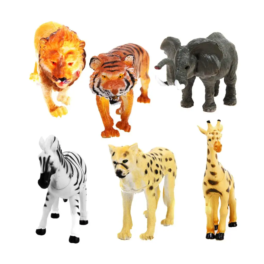 6 Plastic Wild Animal Figures Toy Tiger Leopard Lion Giraffe Zebra Elephant Toys