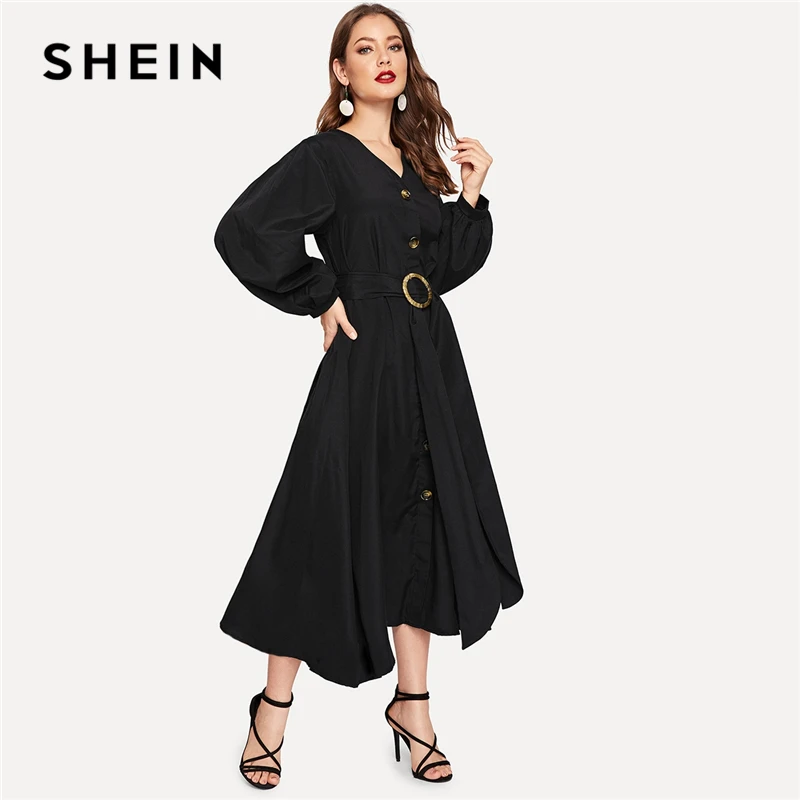 SHEIN Платье На Пуговицах С Поясом Элегантное V Образным Вырезом Для Женщин|Платья| |