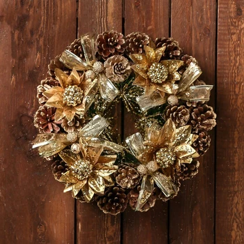 

New Year's wreath d-29 cm "Cones" golden flowers and ribbons 3557060
