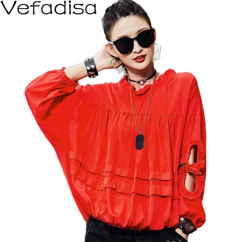 Vefadisa Hollow Out Long Sleeve T-shirt Fungus Patchwork Women T-shirt 2020 Autumn Plus Size Women T-shirt Black Red QYF3671 Vefadisa Hollow Out Long Sleeve T-shirt Fungus Patchwork Women T-shirt 2020 Autumn Plus Size Women T-shirt Black Red QYF3671