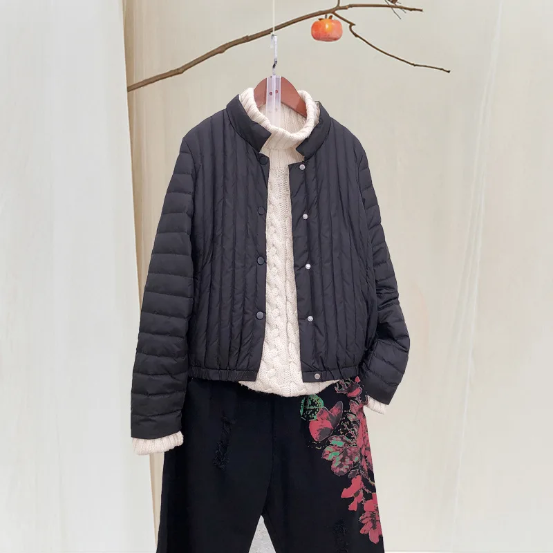 Thin down Jacket Women's Short Spring And Autumn Stand Collar Literature And Art Retro National Wind Versatile Vertical Striped