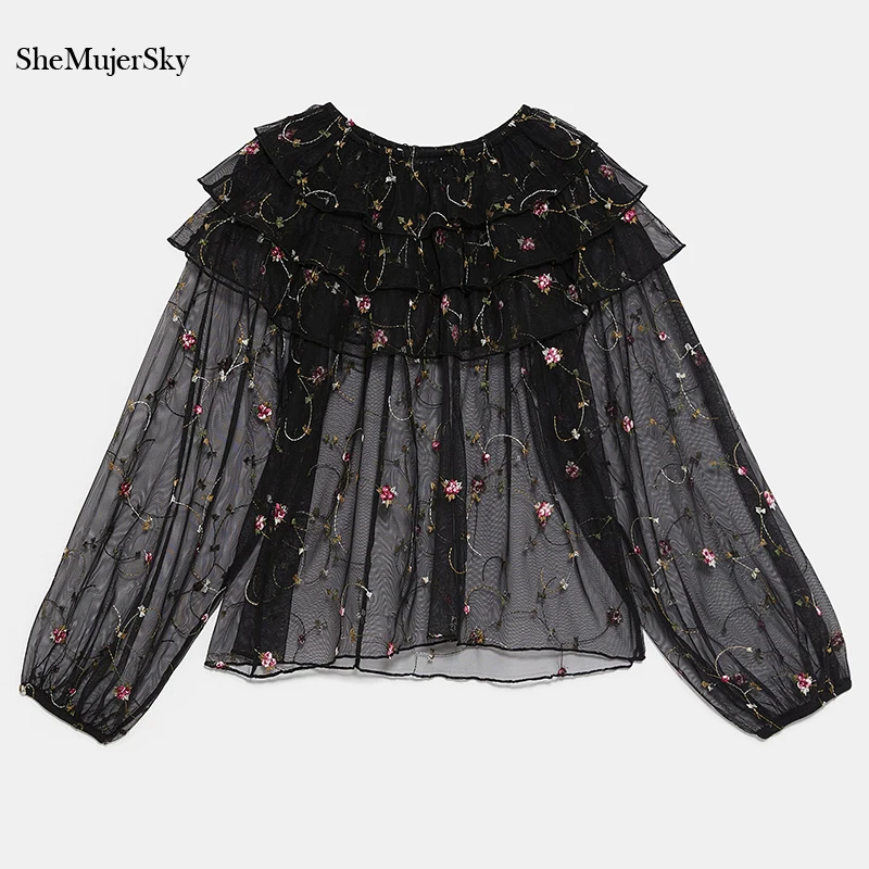 

SheMujerSky Sexy Transparent Black Shirt Women Embroidery Floral Long Sleeve Ruffles Tops 2019 Fashion Ladies Mesh Blouse