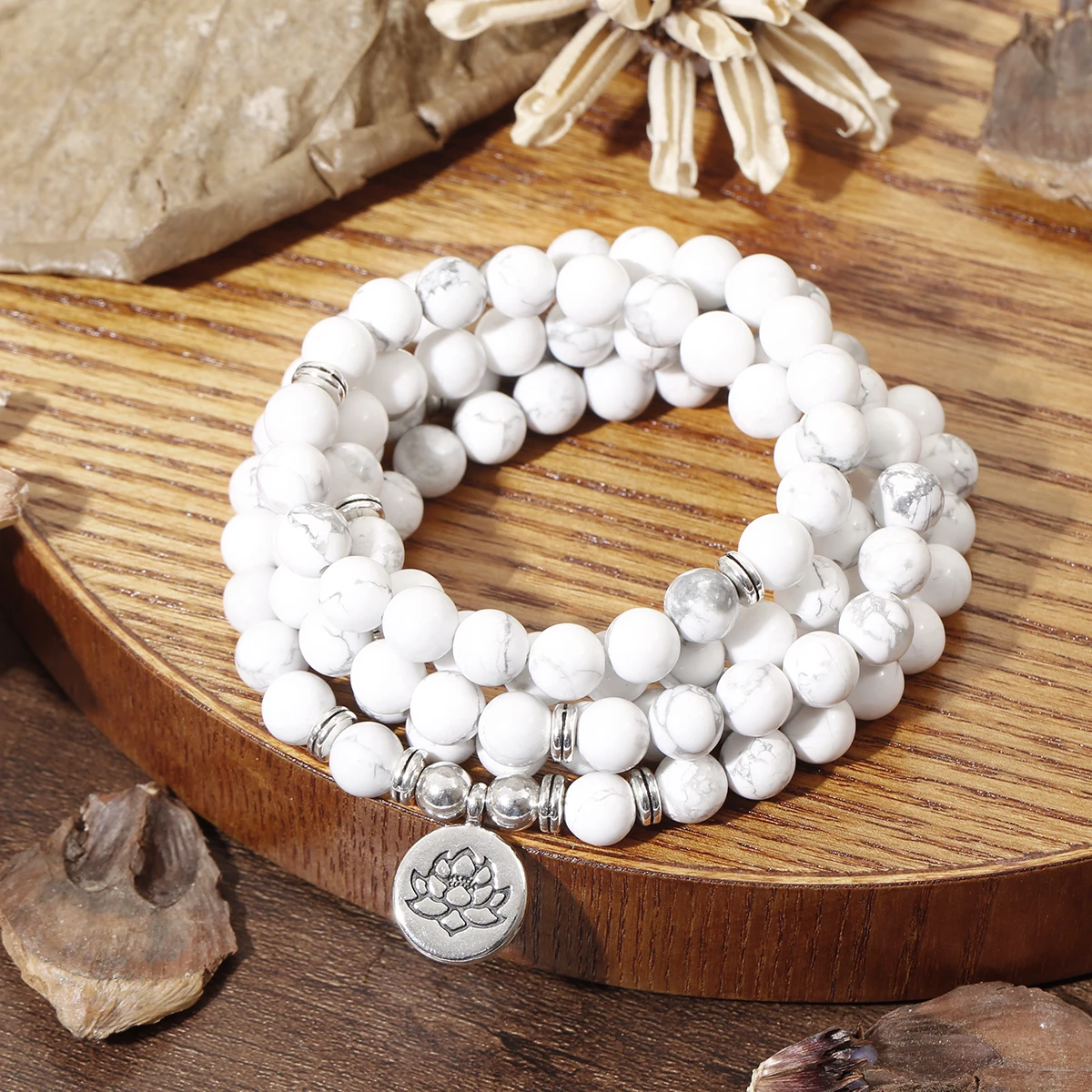 Natural White Bodhi Root 108 Beads Lotus Japamala Prayer Bracelet