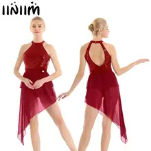 Гимнастический костюм-Купальник для женщин с блестками, лирическое балетное платье для танцев, асимметричная одежда для современных танцев