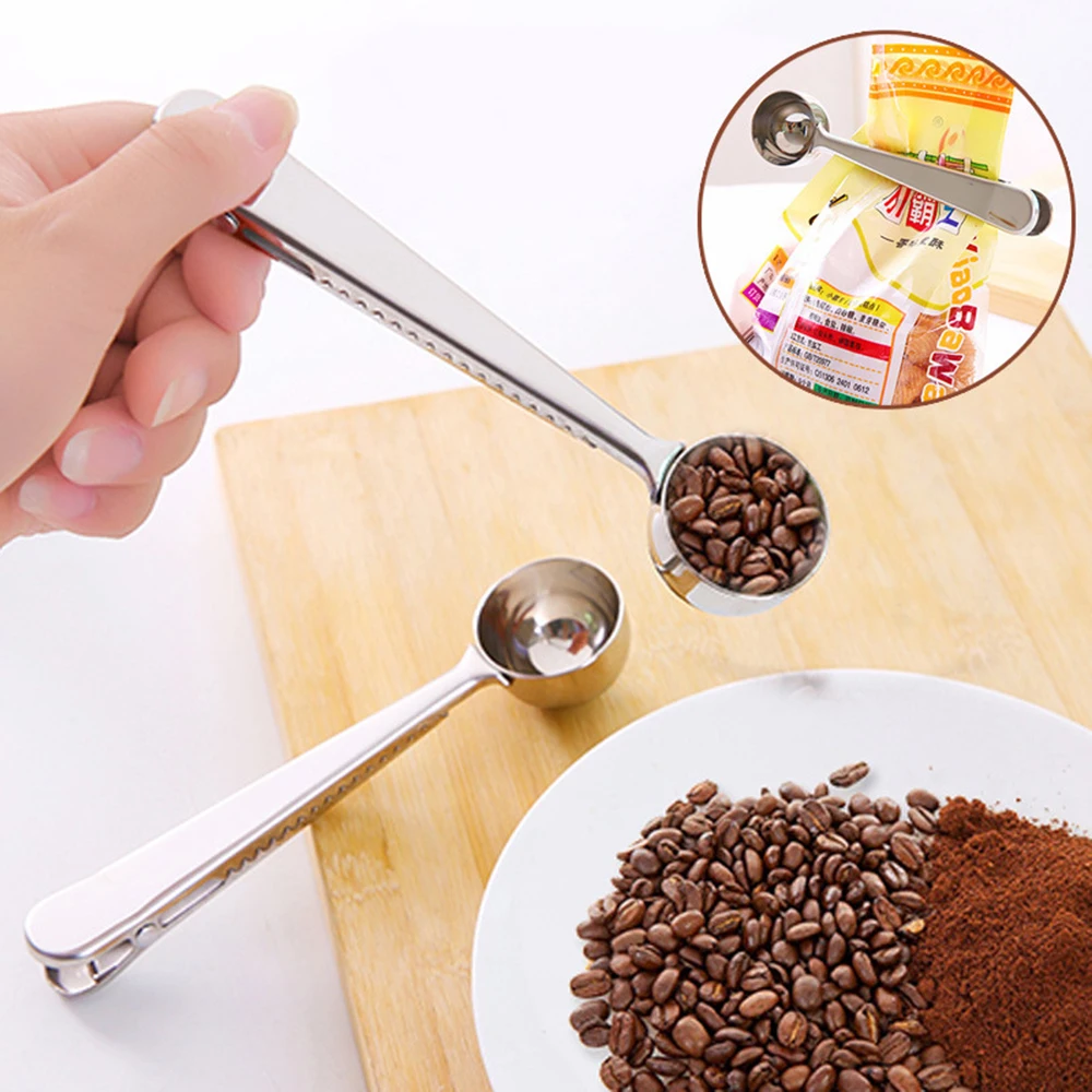 1Pcs Stainless Steel Coffee Spoon with Clip Coffee Tea Measuring Scoop Spoon Cup Ground Coffee Tools Kitchen Accessories