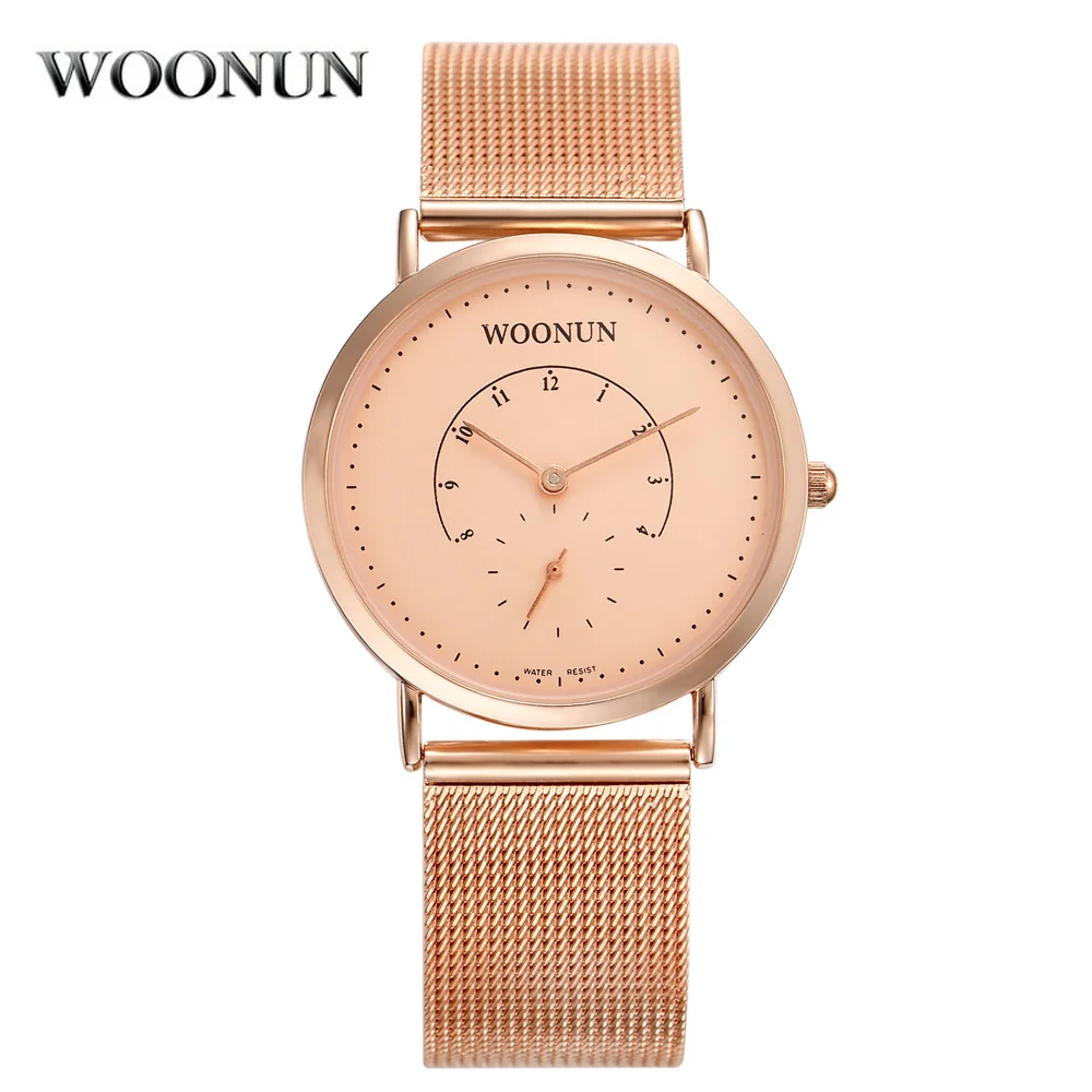 

2020 WOONUN Rose Gold Mens Watches Thin Men Watches Top Brand Luxury Full Steel Mesh Band Quartz Watches Super Relogio Masculino
