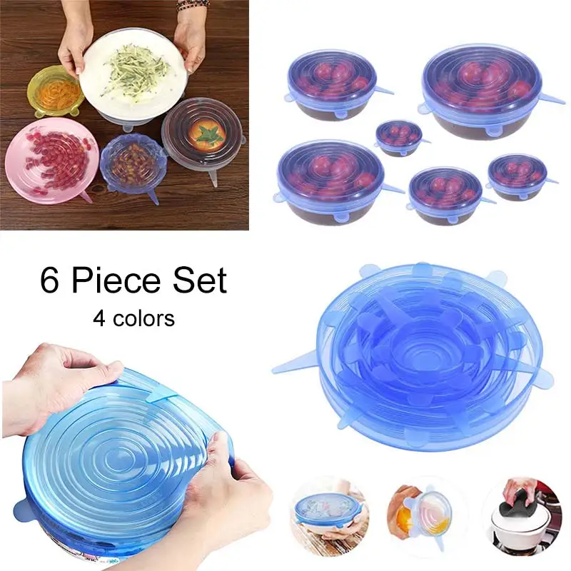 6 Pcs Reusable Silicone Preservative Food Pot Lid Bowl Covers Wrap Stretchable Film LFD | Дом и сад