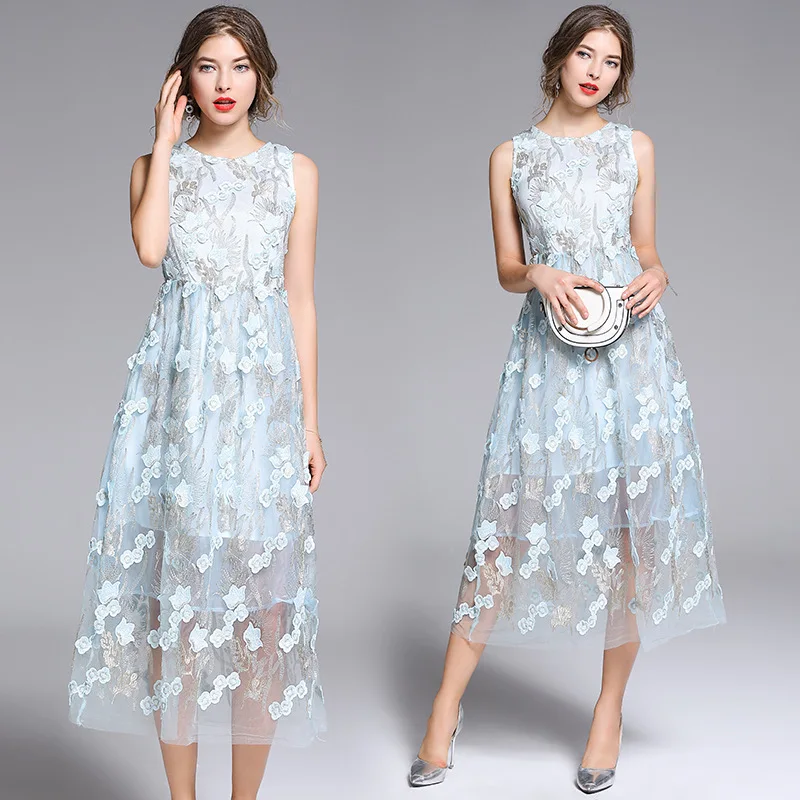 

Photo Shoot-2019 Summer New Style WOMEN'S Dress Fashion Sleeveless Industrial Stereo Flower Embroidered Waist Hugging Mesh Dress