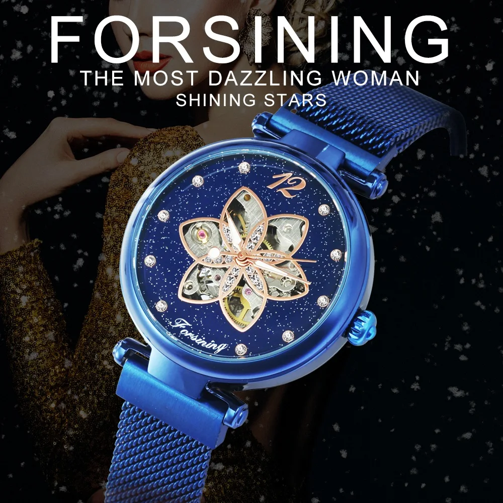 FORSINING, элегантные женские Автоматические часы с кристаллами, ультра тонкий сетчатый ремешок, цветочный дизайн, механические Женские часы, лучший бренд класса люкс