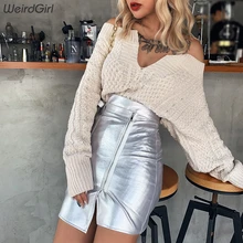 Weirdgirl, Женская Светоотражающая юбка, кожаная, с разрезом, тонкая, асимметричная, на молнии, модная, с высокой талией, для женщин, нижняя, для женщин, мини, новинка, осень