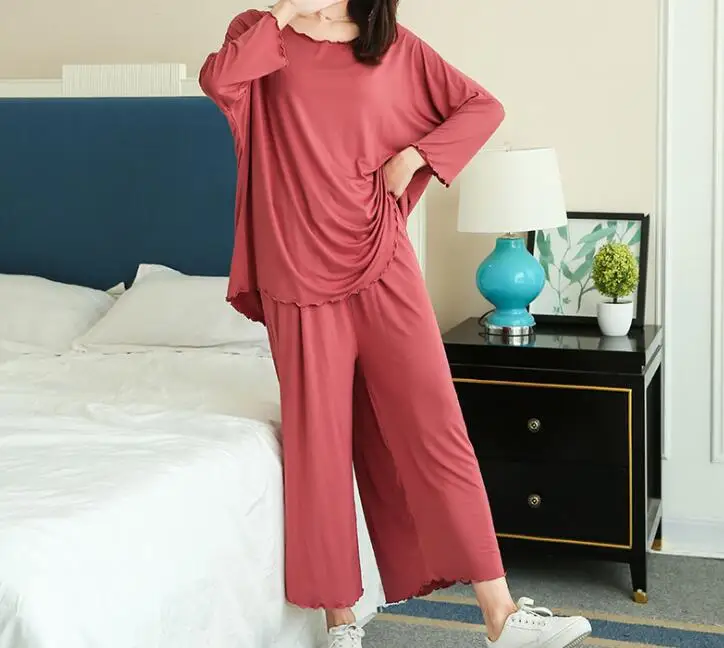 2020 PLUS  size home suits women autumn new loose long-sleeved pajamas two-piece set nine-point wide leg pants  loose