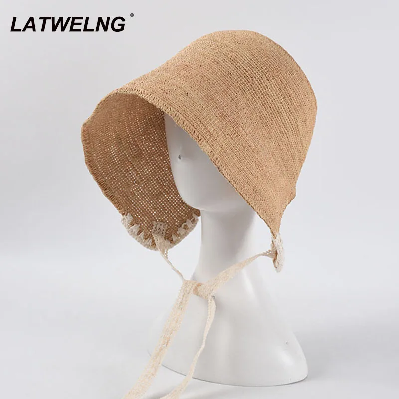 New Lace Strap Loli Beach Hat For Women High Quality Handmade Raffia Sun Visor Hats Foldable Vacation Travel Wholesale | Аксессуары для