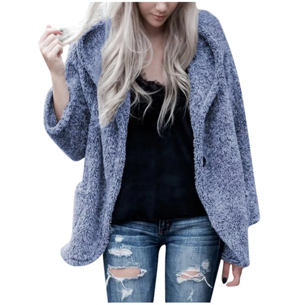 Blue Женские шубы из искусственного меха Тедди куртка Медвежонок женский плюшевый мех поддельные пальто Зазубренные лацканы над размером d зимнее пальто плюшевая куртка большого размера#3 - Цвет: Blue