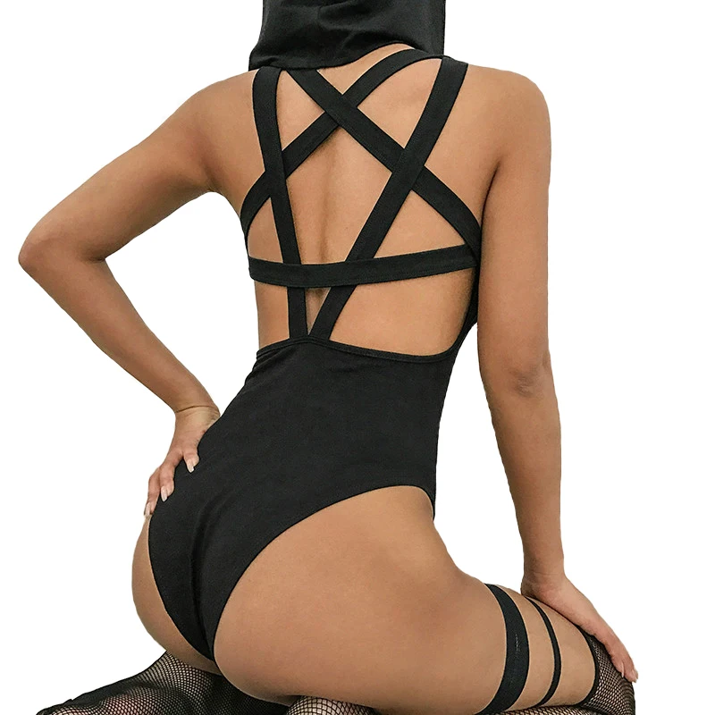 Женское сексуальное черное боди с открытой спиной, облегающее Боди без рукавов, боди на бретелях, летний женский комбинезон с капюшоном