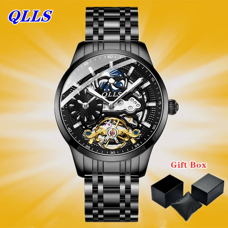 

Brand Men Tourbillon Automatic Mechanical Watches Waterproof Black Clock Stainless Steel Men's Watch Moon Phase Mens Watch 2021