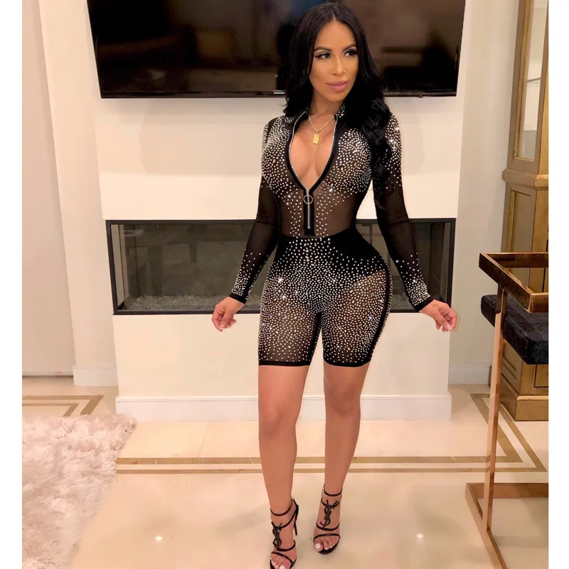 Lemon Gina Лето Горячая сверление Стразы с длинным рукавом v-образным вырезом bodycon Короткие jumpusit сексуальная сетка прозрачный комбинезон M2715