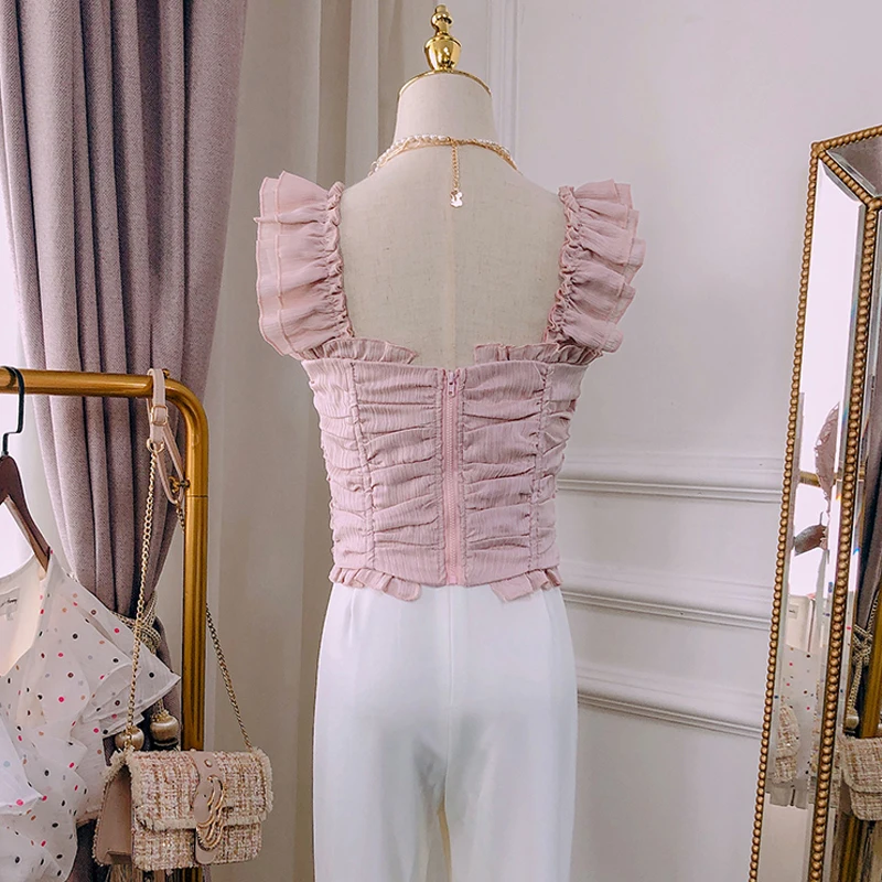 Summer Designer Solid Woman Tops Sleeveless Ruffles Slim Waist Backless Tanks